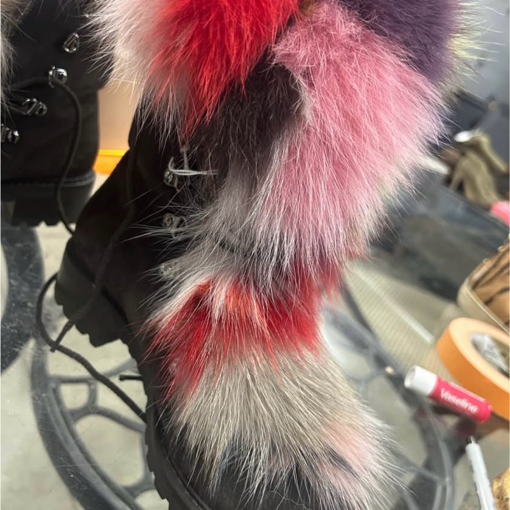 Barneys New York Black and Multicolor Fur Trim Boots